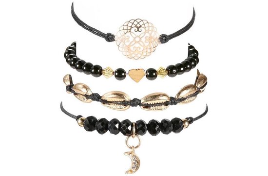 Tibri 4 - Zwarte armbanden set voor dames - Armbanden set 4-delig - Ibiza style armbandjes
