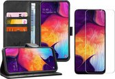 Hoesje geschikt voor Samsung A50 en Screenprotector - Book Case Leer Wallet Zwart + Screen Protector