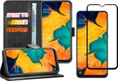 Hoesje geschikt voor Samsung Galaxy A30 - Screen Protector FullGuard - Book Case Leer Pasjeshouder Zwart & Screenprotector