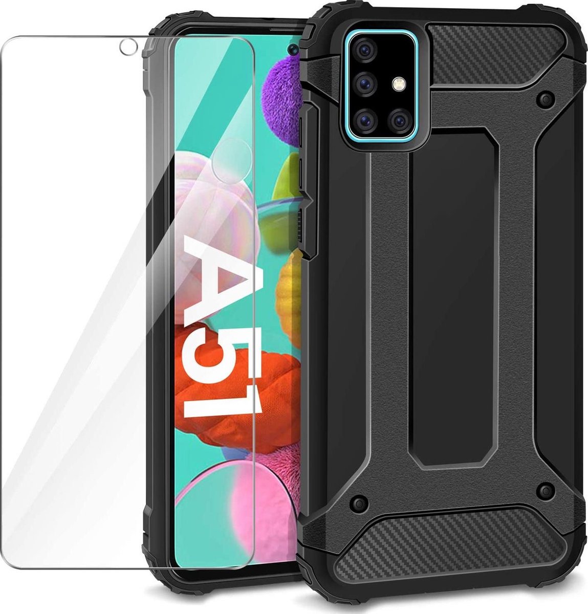 Hoesje Geschikt voor: Samsung Galaxy A51 Heavy Duty - Zwart + Tempered Screenprotector