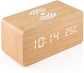 Digitale Wekker Hout - Draadloze Oplader - QI Charger - Datum en Tijd - Alarm - Klok - Wekker - Bamboo