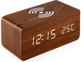 Digitale Wekker Hout - Draadloze Oplader - QI Charger - Datum en Tijd - Alarm - Klok - Wekker - Donkerbruin Hout