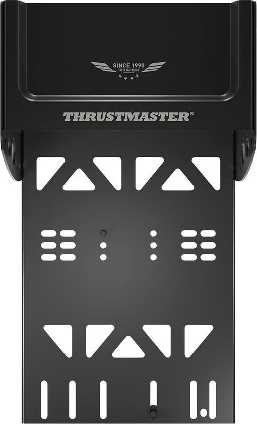 Achterkant van een zwarte metalen Thrustmaster Flying Clamp tafelklem met logo.