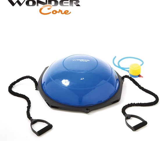 DH FitLife Balansbal, yoga balanstrainer, diameter van 60 x 22 cm, tot 200 kg belastbaar, halve gymnastiekbal, fitness balansboard,evenwichtsboard met pomp en 2 fitnessbanden, blauw
