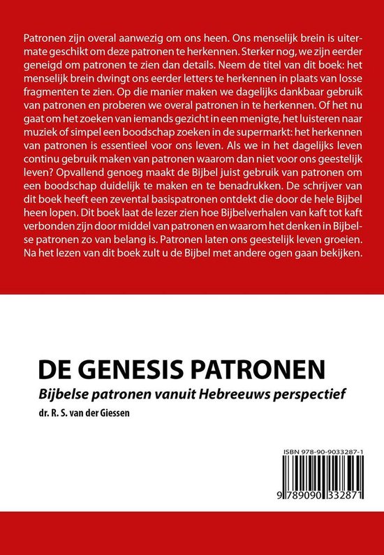 Boekomslag van 'De Genesis Patronen' met tekst over Bijbelse patronen vanuit Hebreeuws perspectief. Inclusief ISBN.