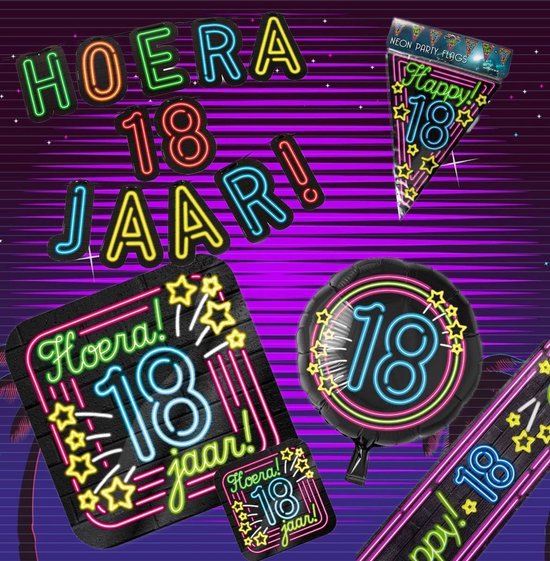 Verjaardag 18 jaar Pakket Neon - Verjaardag Versiering - Happy Birthday Slinger - Verjaardag decoratie - Ballonnen - Jongen / Meisje / Volwassenen - Afzetlint - Feest versiering - Feest decoratie - Neon Happy Birthday