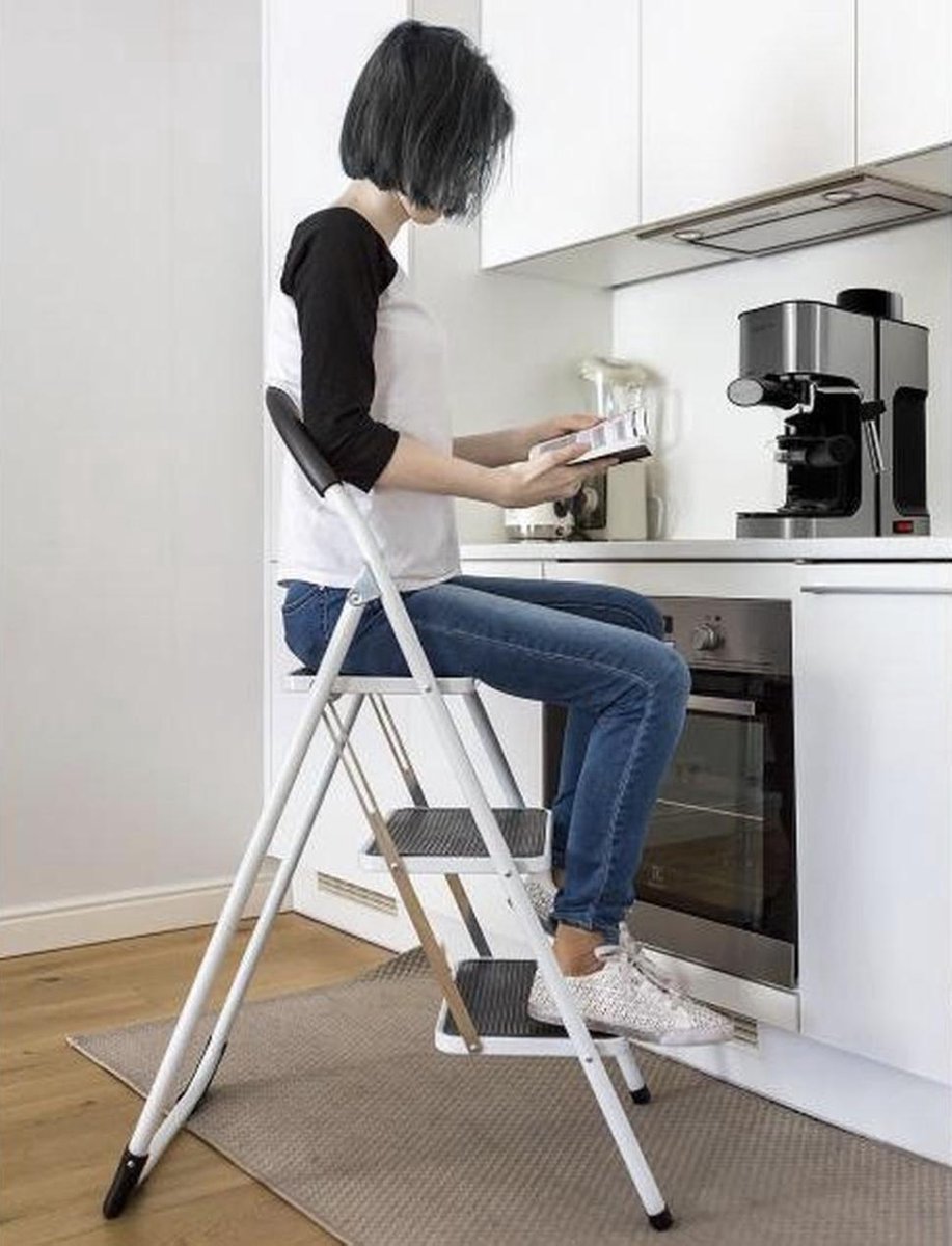 Safety® Huishoudtrap - Keukentrap - 3 treden - Metalen Huishoudladder Inklapbaar - Trapladder Opvouwbaar - Anti-slip - 150KG draagvermogen – huishoud trap – trap – ladder – huisladder - veiligheid – foto 3