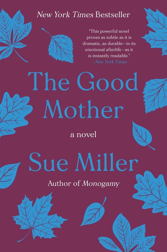 Boekhoes van 'The Good Mother' door Sue Miller, met blauwe bladeren op een paarse achtergrond.