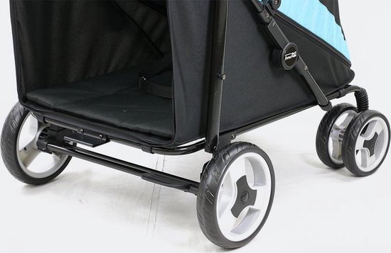 Onderstel van een zwarte hondenbuggy met vier wielen en een verstevigd frame.