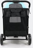 Achterkant van een zwarte hondenbuggy met lichtblauwe voering, opbergvakjes en een mesh-paneel.