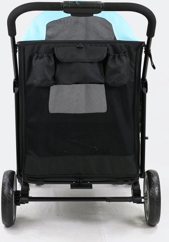 Achterkant van een zwarte hondenbuggy met lichtblauwe voering, opbergvakjes en een mesh-paneel.