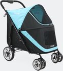 Vooraanzicht van een open, zwarte hondenbuggy met lichtblauwe bekleding en veiligheidstuigje. Zwenkwielen aan de voorkant.