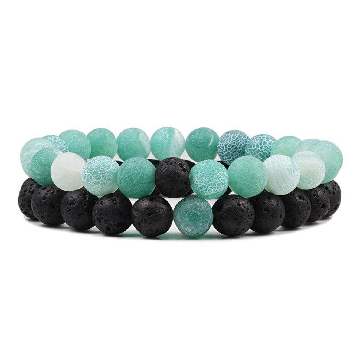 BAZORO® Kralen Armband - Elastisch - Mannen Armband Natuursteen - Set van 2 stuks - Groen/Zwart