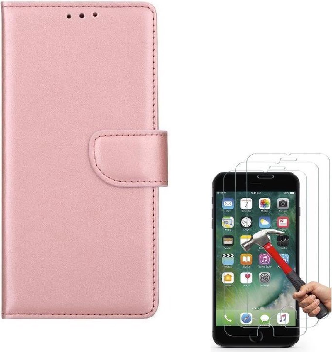 Bookcase hoesje Geschikt voor: iPhone SE 2 2020 / 7 / 8 Portemonnee Rose Goud met 2 stuks Glas Screen protector