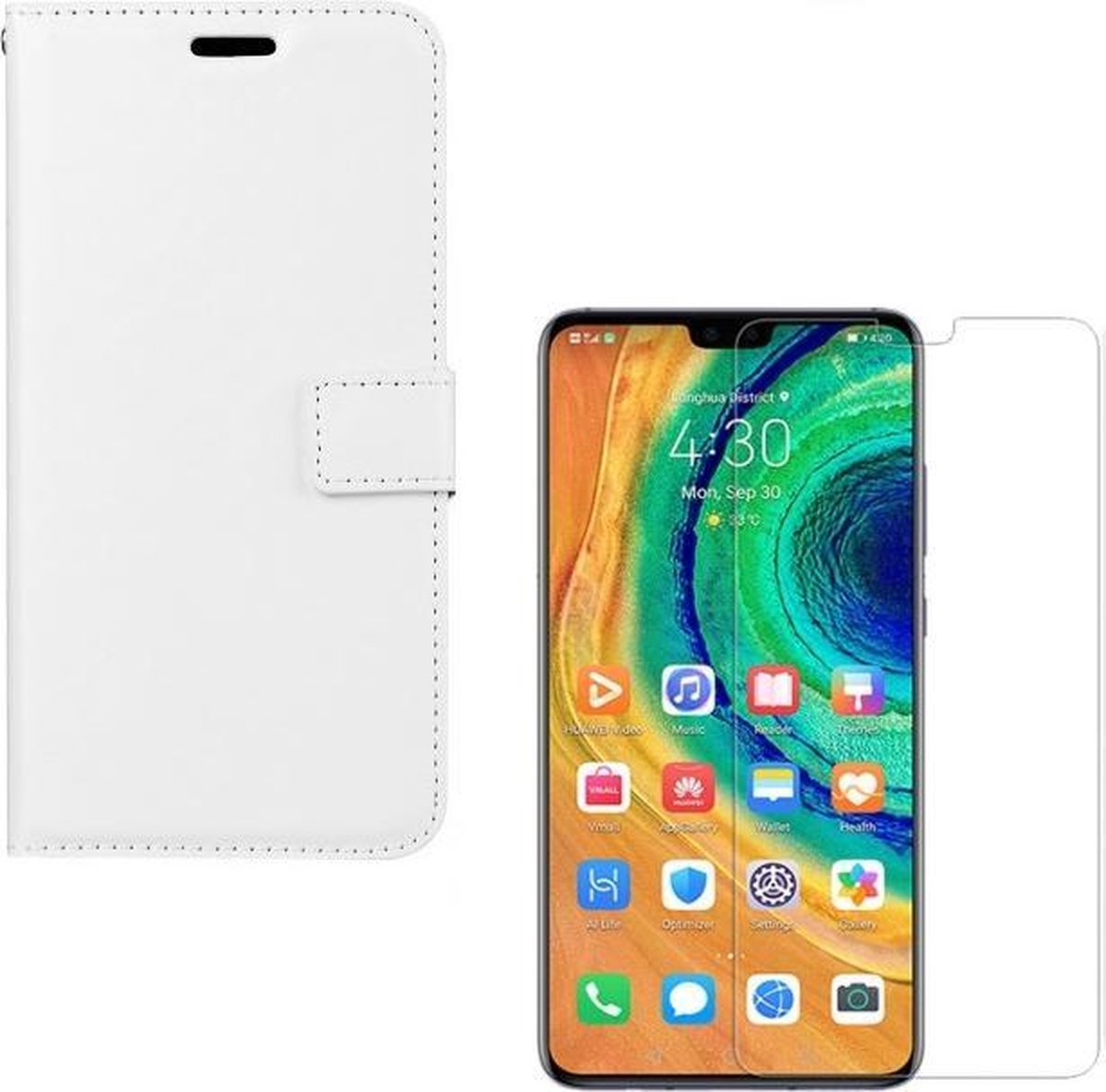 hoesje Geschikt voor: Huawei Mate 30 Portemonnee Wit met 2 stuks Glas Screen protector