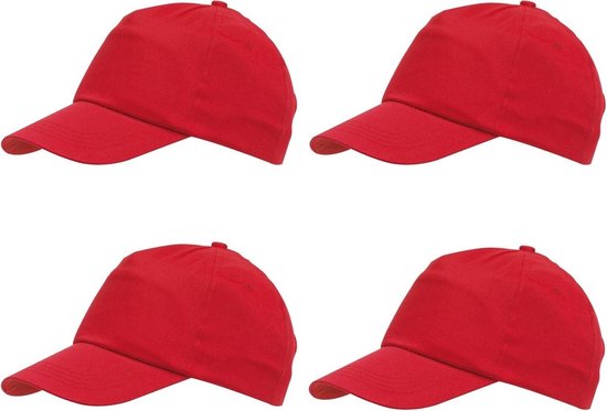 Rode baseballcap 5-panel voor volwassenen met klittenbandsluiting 4 stuks