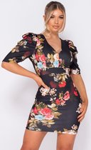 Floral Print Puffed - Bodycon Mini Dress - Dames - Zwart