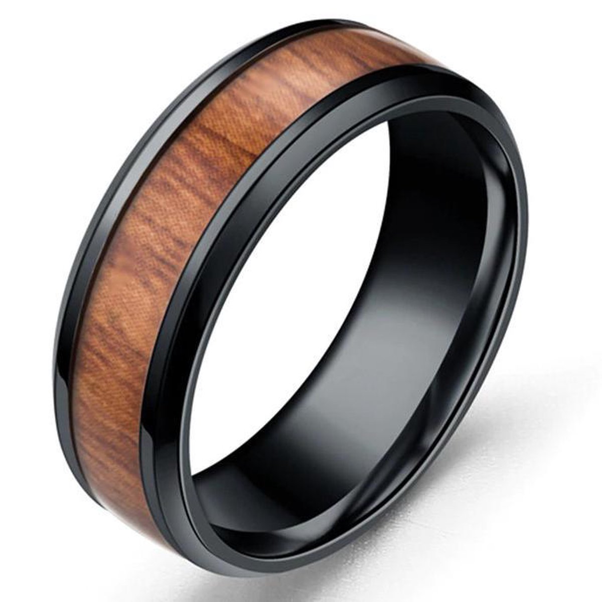 Ring Heren Zwart ingelegd met Hout - Staal - Ringen Mannen Dames - Papa Cadeau Voor Mannen - Vaderdag