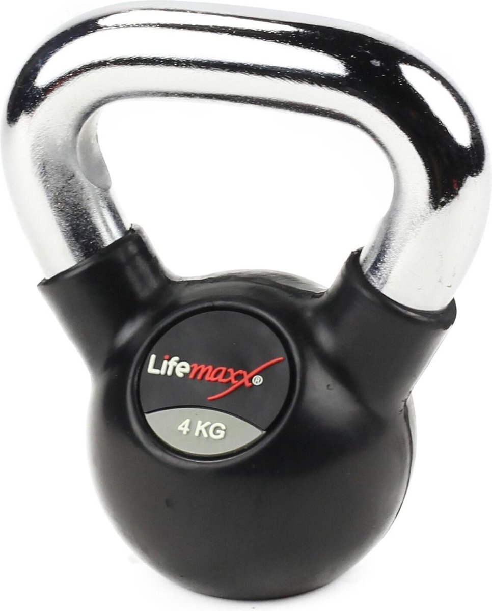 Lifemaxx Rubberen Kettlebell - met Chromen Handvat - Gewichten - 4 kg