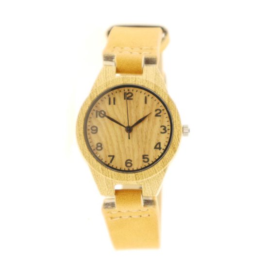 Houtlook horloge – beig/bruin – Klein – RVS – Dames – Heren – Intenz – Quartz – Leren band – batterij