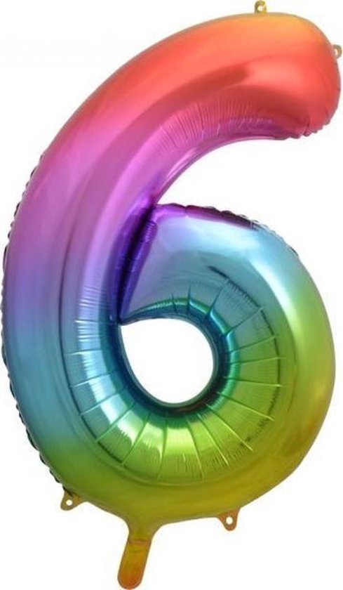 Folie ballon XL cijfer 6 regenboog kleuren is  + - 1 meter groot  groot inclusief een flamingo sleutelhanger