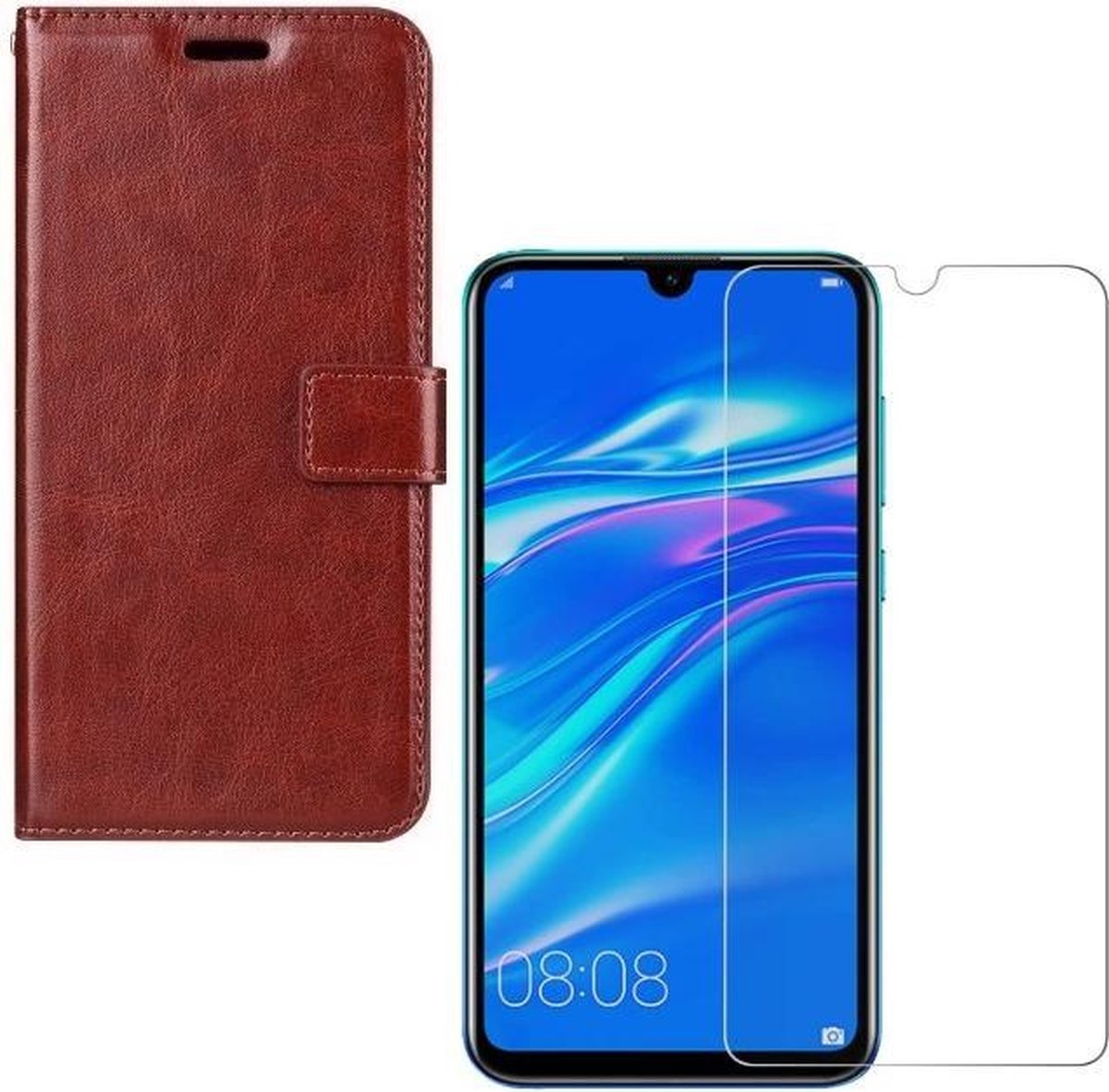 Huawei P Smart Plus 2019 Portemonnee hoesje bruin met 2 stuks Glas Screen protector