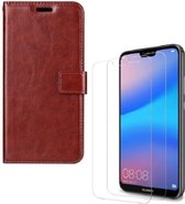 Huawei P20 Lite (2018) Portemonnee hoesje bruin met 2 stuks Glas Screen protector