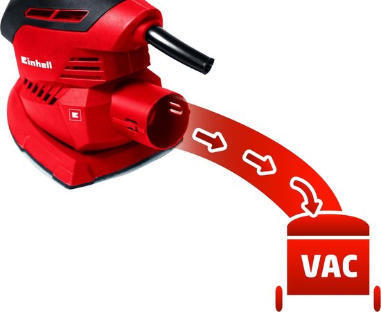 Rode Einhell schuurmachine met stofafzuiging naar een stofzuiger (VAC).