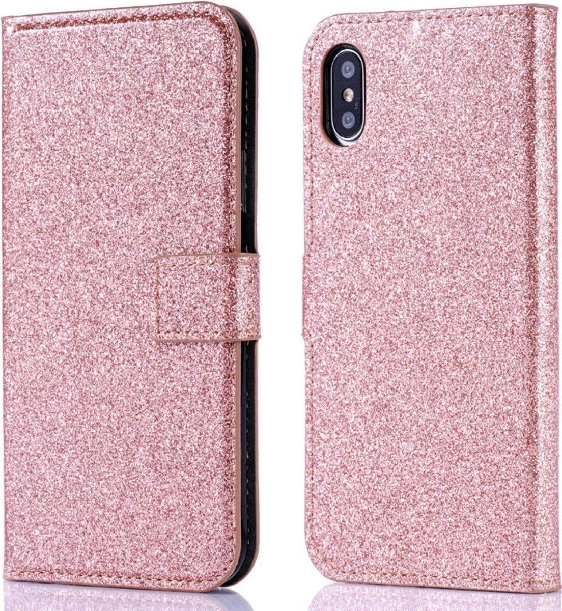 Geschikt voor Apple iPhone XR Glitter Bookcase - Roze - Portemonnee Hoesje - Pasjeshouder