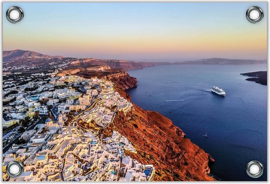 Tuinposter –Santorini Huisjes en Zee - Griekenland -120x80  Foto op Tuinposter  (wanddecoratie voor buiten en binnen)