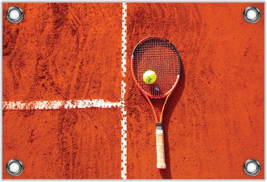 Tuinposter –Oranje Tennis Racket / Baan -40x30  Foto op Tuinposter  (wanddecoratie voor buiten en binnen)