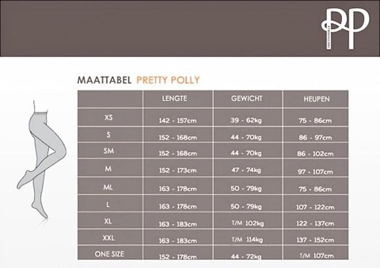 Maattabel voor Pretty Polly panty's, met kolommen voor maat, lengte, gewicht en heupomvang.