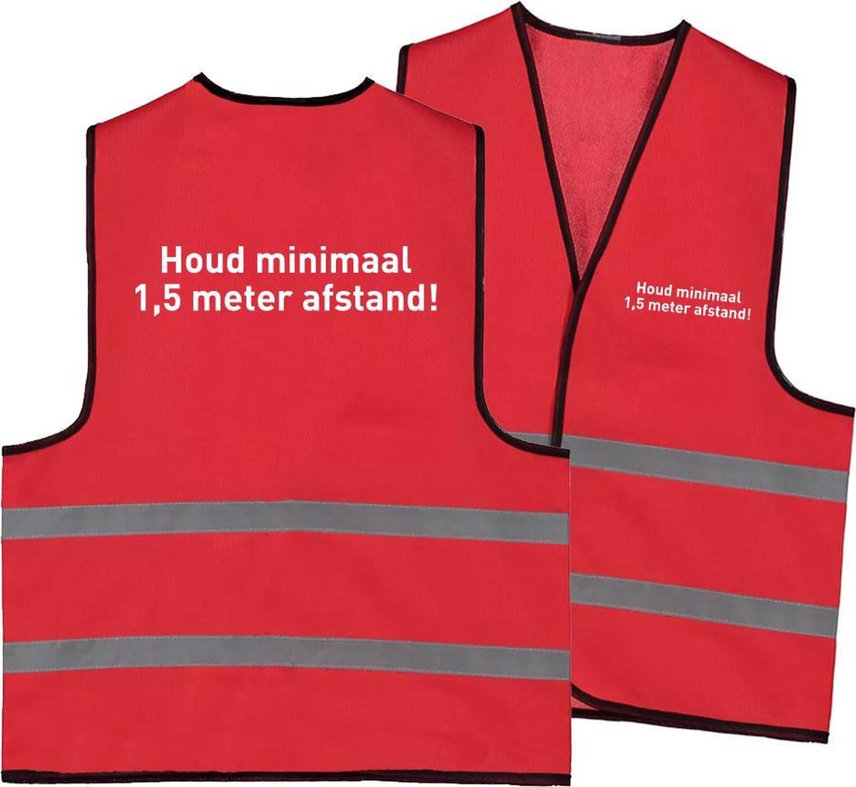 Veiligheidsvest houd minimaal 1,5 meter afstand rood met opdruk op voor en achterzijde