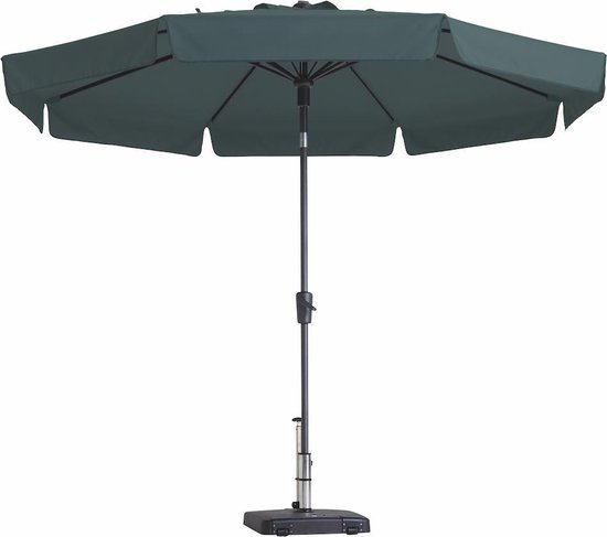Donkergroene, ronde parasol met een antracietkleurig frame en een donkere voet. De parasol is half geopend.