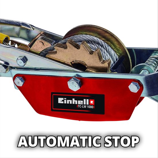 Een metalen trommel met staalkabel en het Einhell TC-LW 1000 logo op een rood vlak.