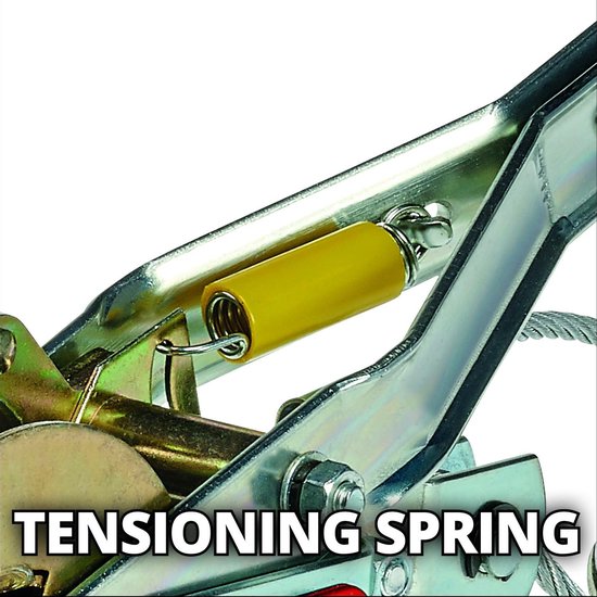 Detail van de spanveer met de tekst "Tensioning Spring".