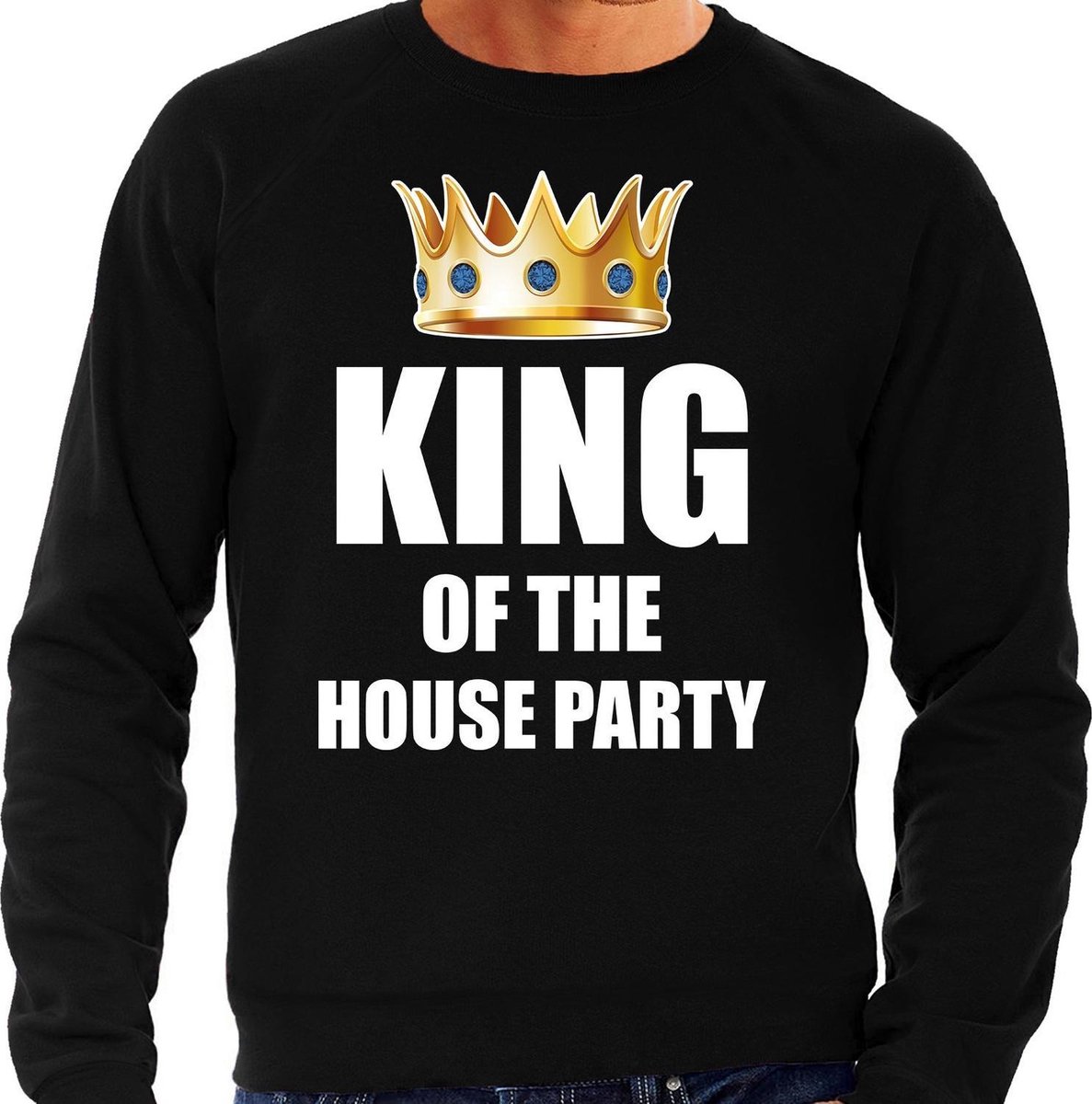 Afbeelding van product Bellatio Decorations  King of the house party sweater / trui zwart voor heren - Woningsdag / Koningsdag - thuisblijvers / lui dagje / relax outfit L  - maat L