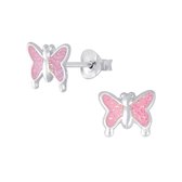 Joy|S - Zilveren glitter roze vlinder oorbellen