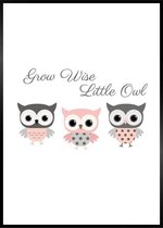 Poster met Uilen en de Quote Grow Wise Little Owl - A3 Poster 29x42cm