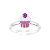 Joy|S - Zilveren cupcake ring verstelbaar roze