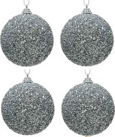4x Zilveren glitter/kralen kerstballen 8 cm kunststof - Onbreekbare kerstballen - Kerstboomversiering zilver