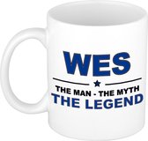 Naam cadeau Wes - The man, The myth the legend koffie mok / beker 300 ml - naam/namen mokken - Cadeau voor o.a verjaardag/ vaderdag/ pensioen/ geslaagd/ bedankt