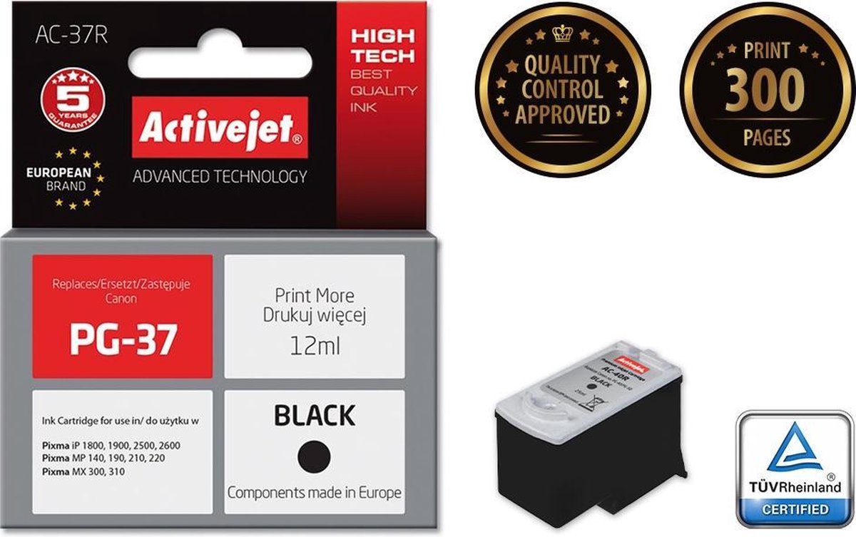 ActiveJet AC-37R-inkt voor Canon-printer; Canon PG-37 vervanging; Premie; 12 ml; zwart.