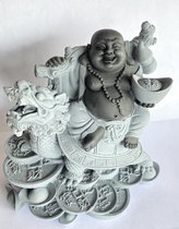 Feng Shui draak-schilpad met dikbuik boeddha grijs-zwart rijkdom en geluk. handgeschilderd 12,5x9x12,5cm