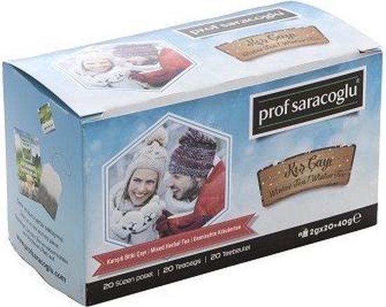 Prof Saracoglu Kış Çayı verpakking met foto van een stel in de sneeuw en de tekst 'Kış Çayı Winter Tea'.