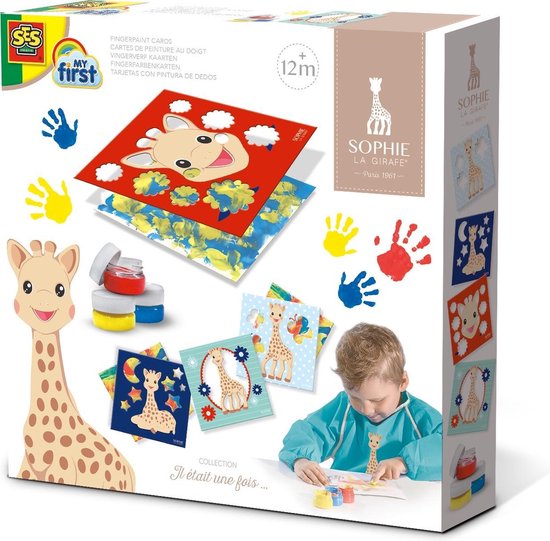 SES - Sophie la Girafe - Vingerverf kaarten - 3 kleuren vingerverf - inclusief papier en overlegkaarten - hypoallergeen - makkelijk uitwasbaar