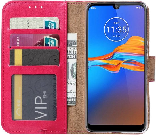 Etui Portefeuille Motorola Moto E6 Plus Rose avec 2 Pièces de Glas Ecran en Verre