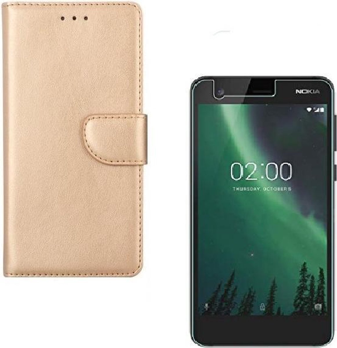 hoesje Geschikt voor: Nokia 2 Portemonnee Goud met 2 stuks Glas Screen protector