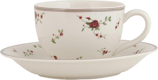 Clayre & Eef Kop en Schotel 200 ml Beige Keramiek Bloemen