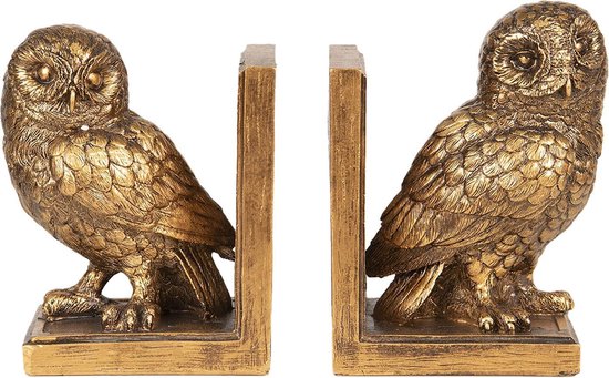Deux serre-livres hiboux dorés aux plumes et écailles détaillées.